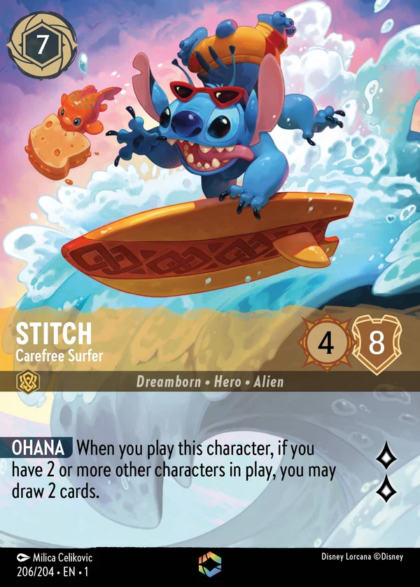 Stitch - Carefree Surfer — Disney Lorcana Character card from The First Chapter