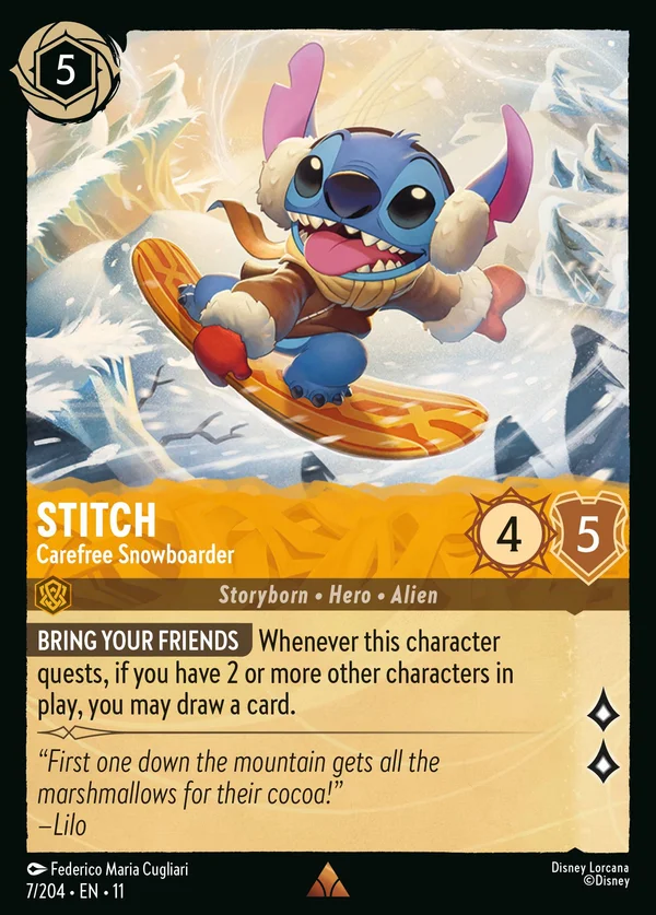 Stitch - Carefree Snowboarder — Disney Lorcana Character card from Winterspell