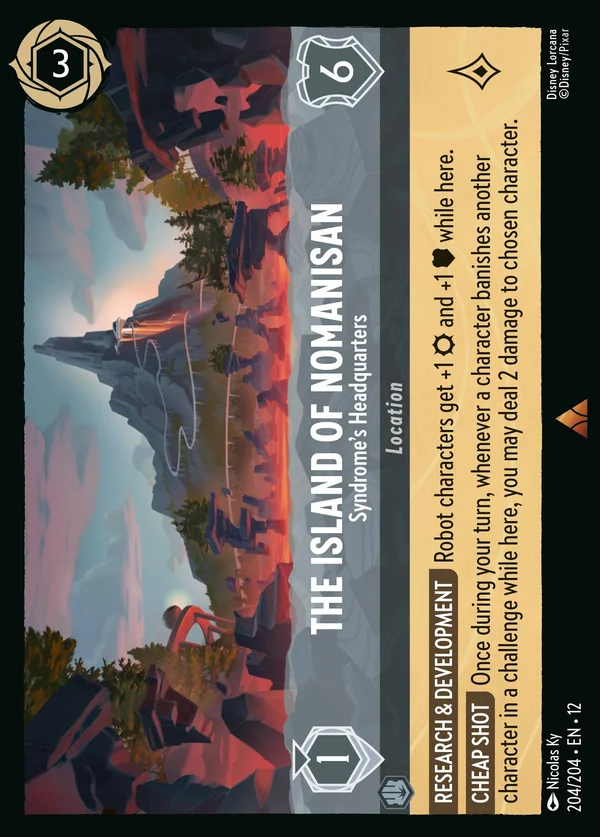 The Island of Nomanisan - Syndrome's Headquarters — Disney Lorcana Location card from Wilds Unknown